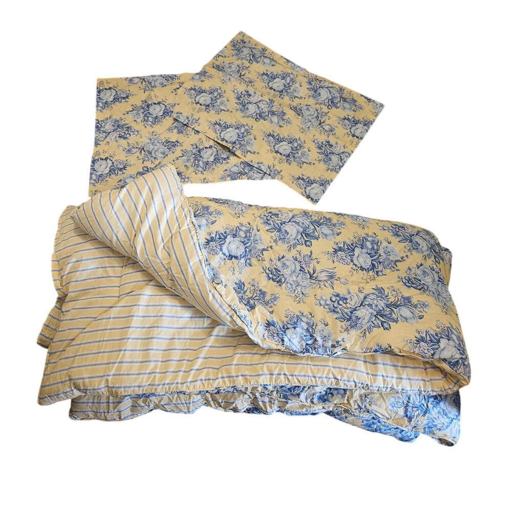 Lauren Ralph Lauren Queen Comforter 2 Pillow Shams Yellow Blue Floral Cotton - Picture 3 of 7